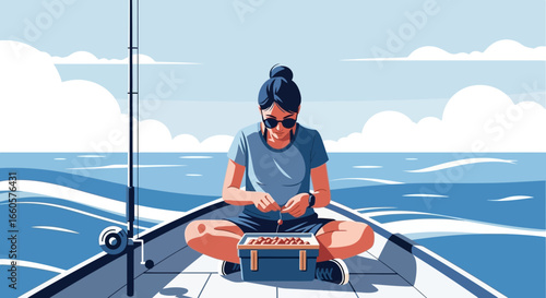 Calm Angler Preparing Tackle for Serene Fishing Adventure on Open Sea
