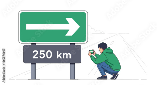 Capturing the Journey: Man Photographing a Road Sign Indicating 250 Kilometers Ahead