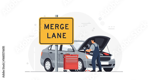 Car Mechanic Maintaining Vehicle In Merge Lane Concept On White Background