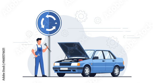 Car Breakdown Assistance Roadside Emergency Support With Blue Automobile