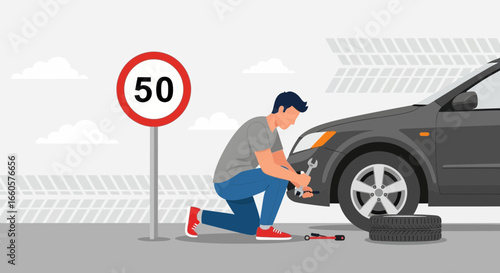 Car Repair On The Road With Speed Limit Sign And Mechanic Vector Illustration