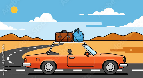 Cartoon Convertible Road Trip Adventure With Luggage on Top During Summer
