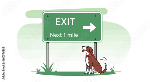Cartoon Dog Waiting Under Exit Sign On Road Trip For Walk