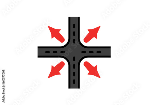 Four-Way Road Intersection with Red Directional Arrows.