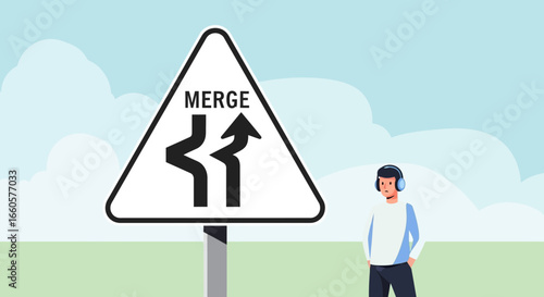 Cartoon illustration depicting a merge road sign alongside a person with headphones stands outdoors