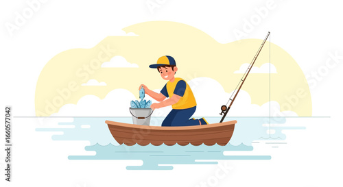 Cartoon illustration of a boy fishing in a boat on the sea during summertime activity and catching fish in a bucket