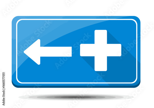 Blue Hospital Directional Sign with Arrow and Plus Symbol.