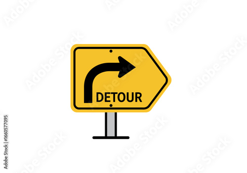 Yellow Detour Road Sign with Arrow and Text.