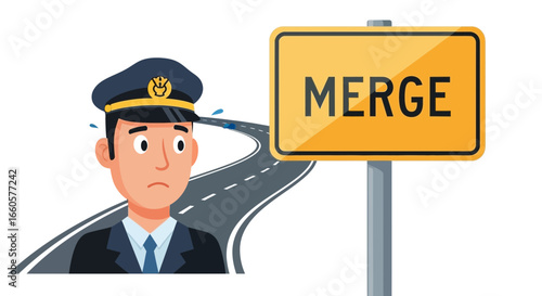 Cartoon Policeman Confronted With A Road Merge Sign Shows Uncertainty