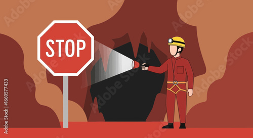 Cave Explorer Encounters Red Stop Sign In Underground Passage Illustration