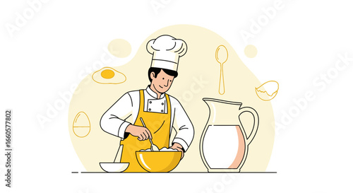 Cheerful Chef Preparing Dough in Kitchen With Ingredients And Cooking Utensils