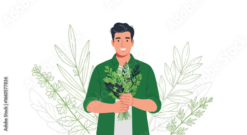 Cheerful Gardener Holding Lush Herbs and Plants, Smiling at the Viewer in Vector Illustration