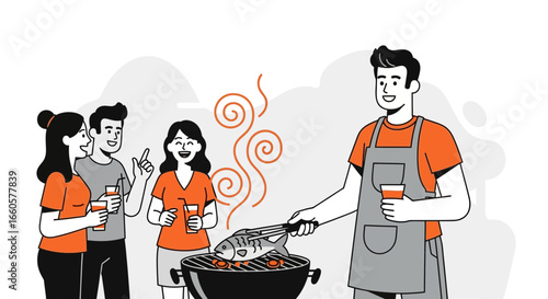 Cheerful Gathering Friends Enjoying a Festive Outdoor Barbecue with Grilled Fish