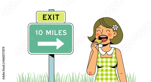 Cheerful Girl Enjoying Snack During Road Trip By Exit Sign Post