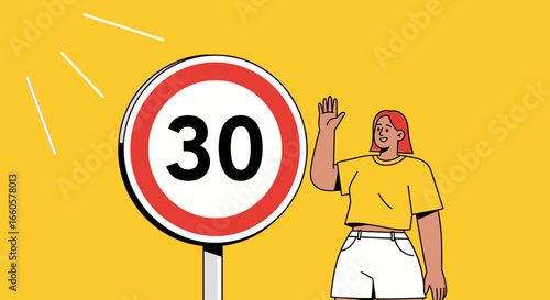 Cheerful Woman Waves Beside Speed Limit Sign on Bright Yellow Background