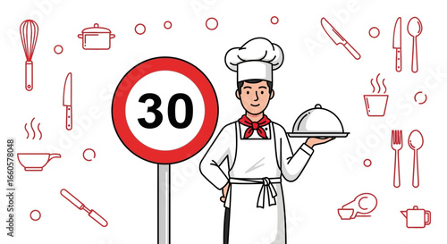 Chef Celebrating Thirty Years With Culinary Tools And Serving Dish