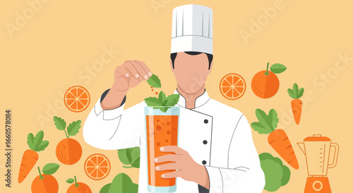 Chef Creating Refreshing Carrot Orange Juice Smoothie Nutritional Concept