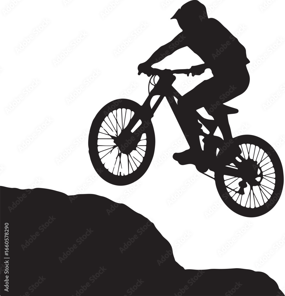 Fototapeta premium Bicycle rider jumping off a rock silhouette vector graphic