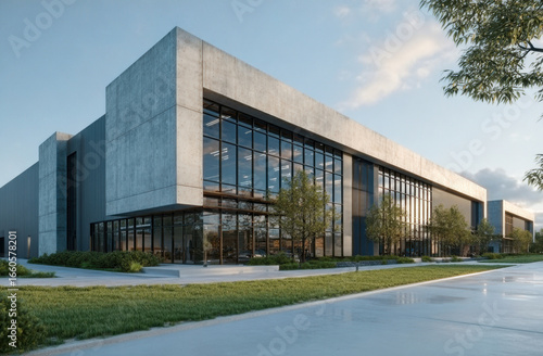 Wallpaper Mural Modern office building with cement facade, large glass windows, situated in industrial park. Features pro rental office space, manicured landscaping, ample parking with cars. Prime location Torontodigital.ca