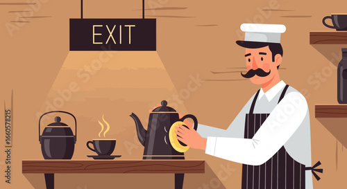 Chef Preparing Coffee at a Cozy Cafe, Exit Sign, Wooden Table and Shelf Detail