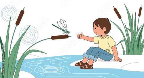 Childhood Moments A Boy Reaching Out To A Dragonfly By A Pond Scene