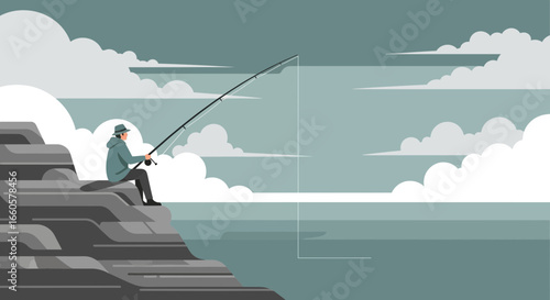 Cliffside Angler In Serene Waters Capturing Leisurely Moments Under Cloudy Skies