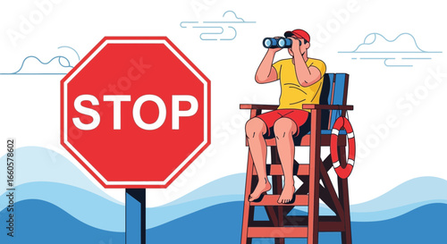 Coastal Security Vigilance Lifeguard Patrol Overlooking Stop Sign With Binoculars On Duty