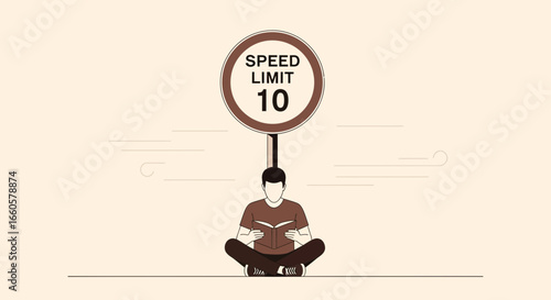 Concept About Slow Living And Relaxing With Book Near Speed Limit Sign