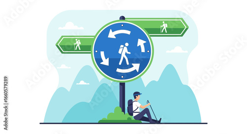 Confused Hiker Deciding Direction with Confusing Sign While Resting in Nature