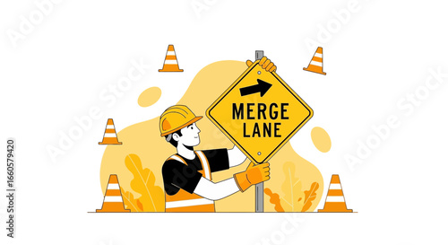 Construction Worker Directing Traffic Near A Merge Lane With Safety Cones