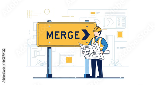 Construction Worker Examining Blueprint Near Merge Sign Depicting Infrastructure Development