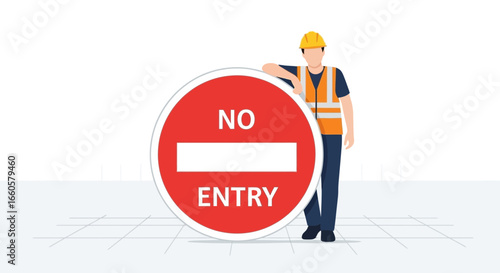 Construction Worker Near a No Entry Sign For Safety Regulations Compliance