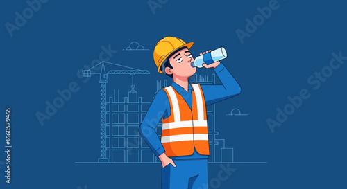 Construction Worker Refreshing With Water During Break On Site Illustration