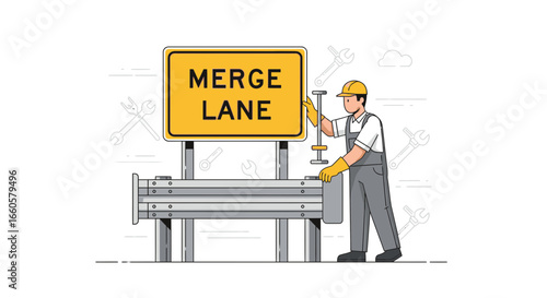 Construction worker repairs merge lane sign, ensuring road safety and driver awareness on the highway