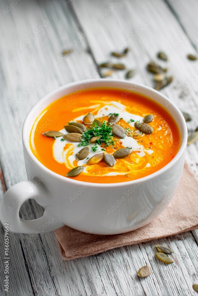 A warm bowl of pumpkin soup sits on a textured wooden table, topped with a swirl of cream, pumpkin seeds, and fresh herbs, inviting a cozy dining experience A warm bowl of pumpkin soup sits on a textured wooden table, topped with a swirl of cream, pumpkin seeds, and fresh herbs, inviting a cozy dining experience