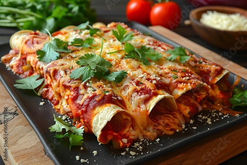 Wallpaper Mural Mexican enchiladas covered salsa roja and melted cheese garnished with fresh cilantro Torontodigital.ca