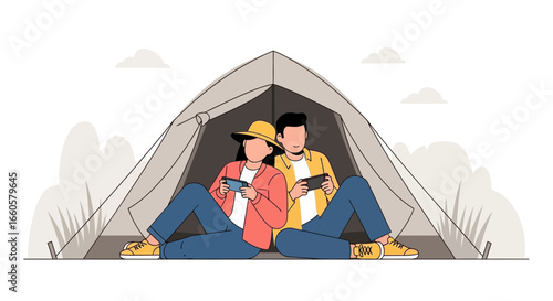Couple Enjoying Technology While Camping Together In Nature Getaway Outdoors