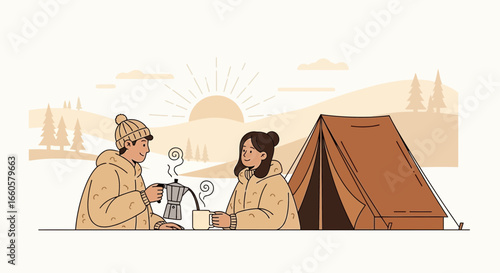 Couple enjoying morning coffee at camping site with mountain landscape view and tent in the background illustration