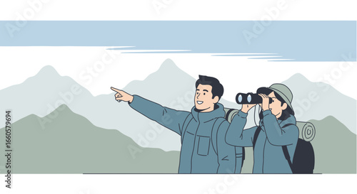 Couple Hiking Adventure Exploring Mountainous Landscape With Binoculars Pointing Direction
