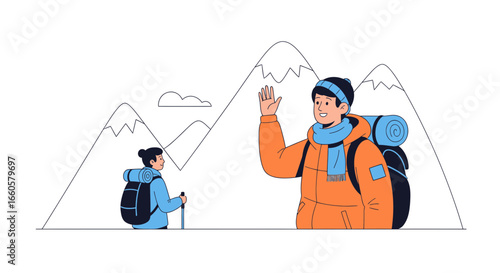Couple Hiking In the Mountains Illustrative Vector Style Adventure Together