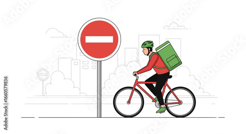 Courier Riding Bike Past Restriction Sign In The City Illustration Style