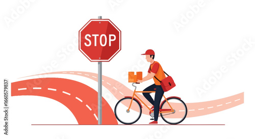 Courier Delivering Package By Bike at Stop Sign Illustrative Representation