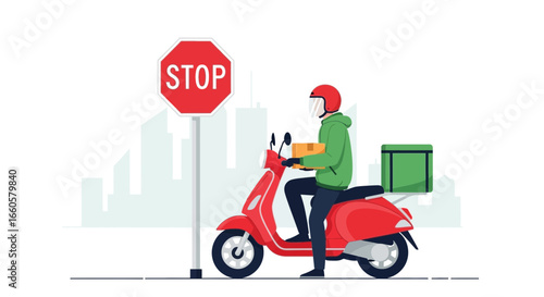 Courier Stops At A Stop Sign While Delivering Package With A Red Scooter