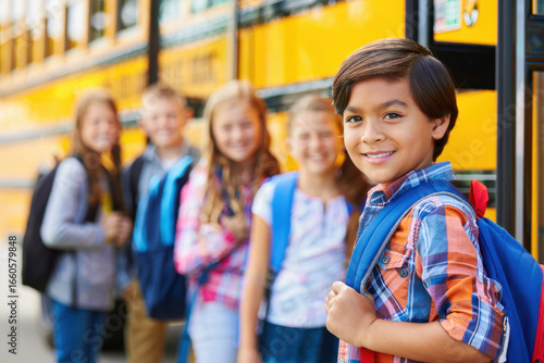 Back to school, smiling students, yellow school bus, kids with backpacks, education journey, childhood routine, school day start