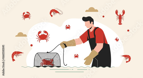 Crab Fisherman Pulling Up A Cage With Seafood Around Him Flat Illustration