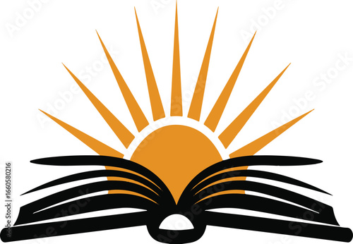 Open book with rising sun symbolizing knowledge and enlightenment vector illustration