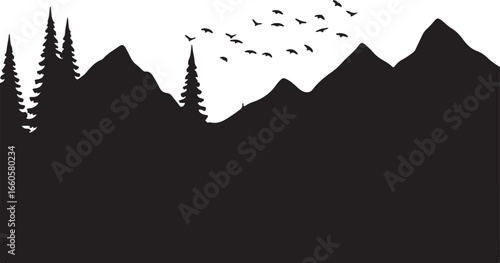 Mountains trees and birds flying silhouette landscape