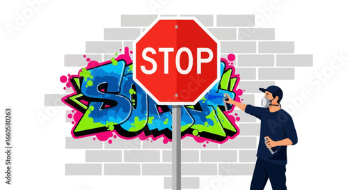 Creative graffiti artist painting on a brick wall behind a stop sign graphic art