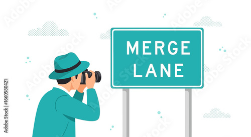 Creative Photographer Capturing Merge Lane Road Sign with Professional Camera