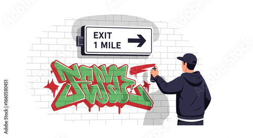 Creative Urban Artistry Young Man Painting Graffiti Under Exit Sign Vector